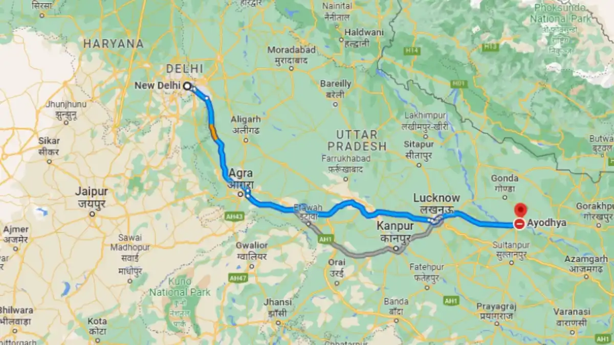 Delhi to Ayodhya distance 